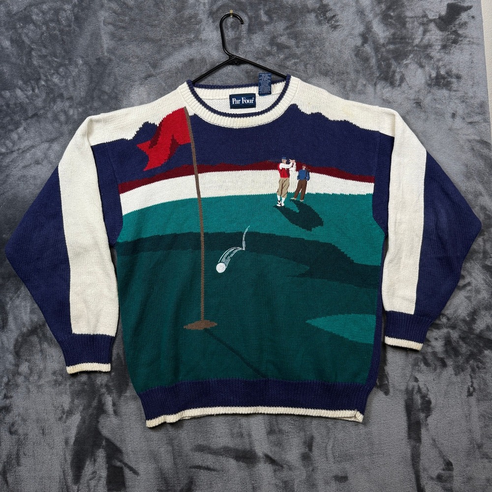 Par Four Sweater Mens XL Multi Vintage Golf Scene Intarsia Knit Ramie Cotton